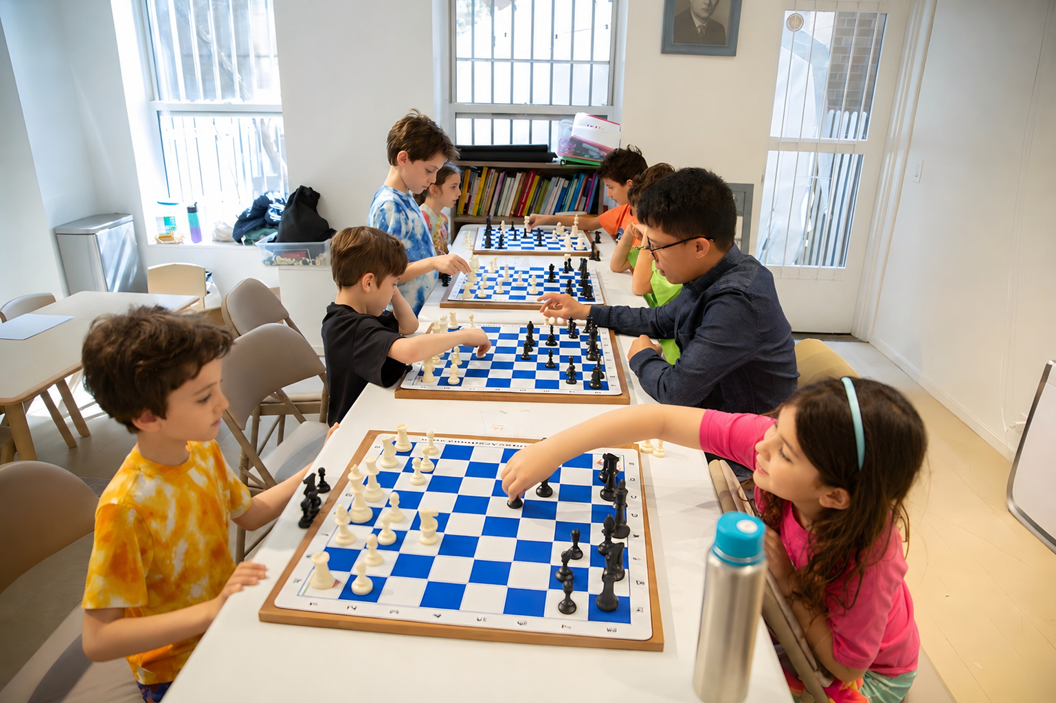 Kids playing chess at Chess Max Academy summer camp in a bright classroom