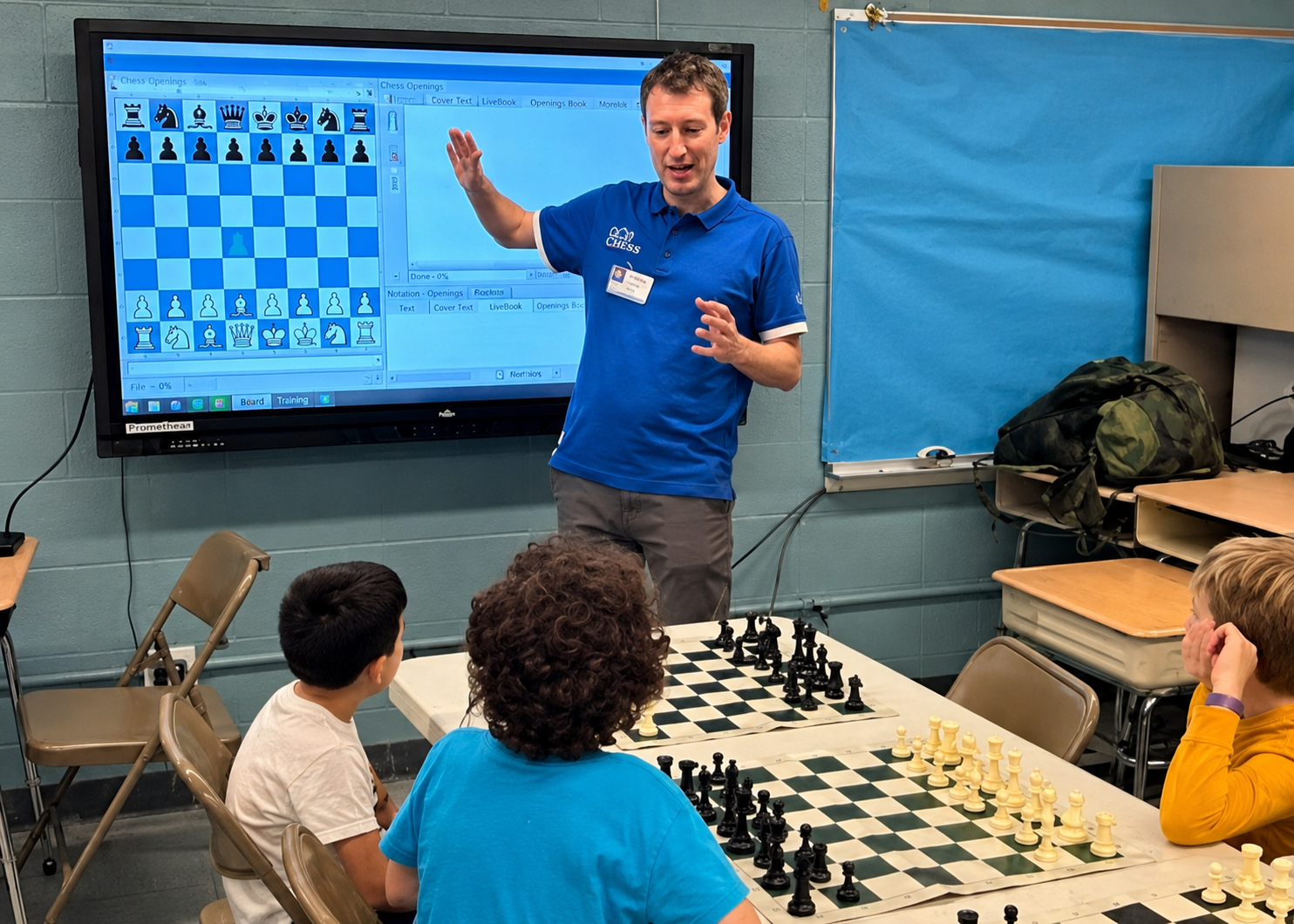 Arrik Leman teaching a chess lesson at Chess Max Academy