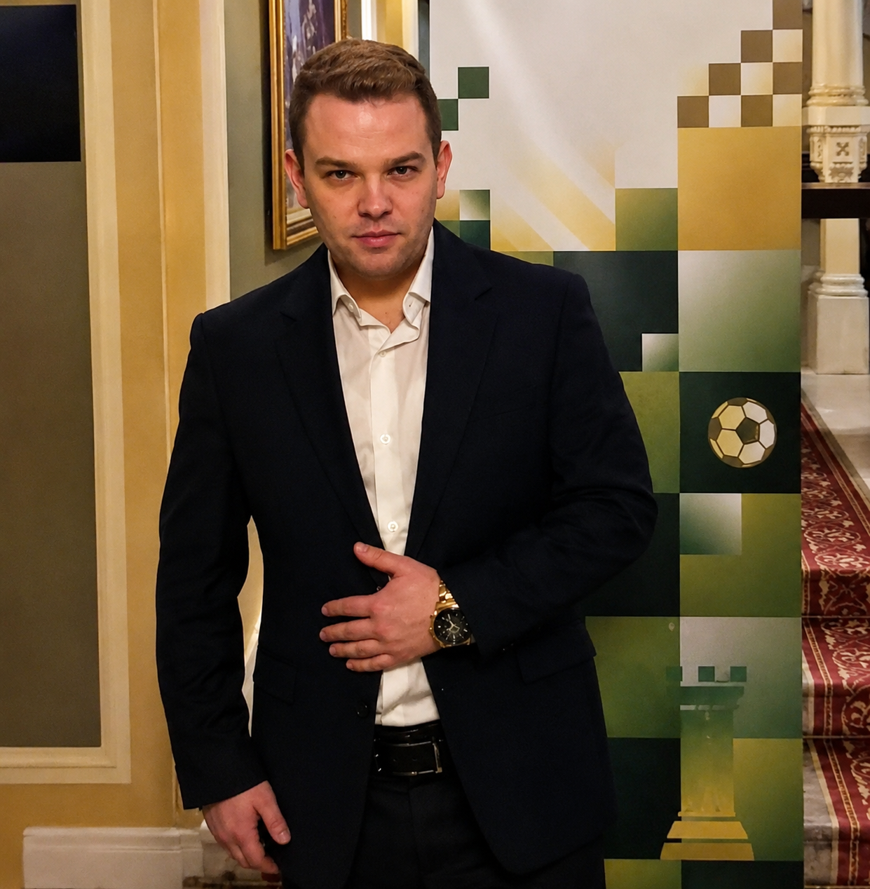 Artiom Samsonkin standing at the World Chess Championship venue in a dark suit beside a chess-themed display.
