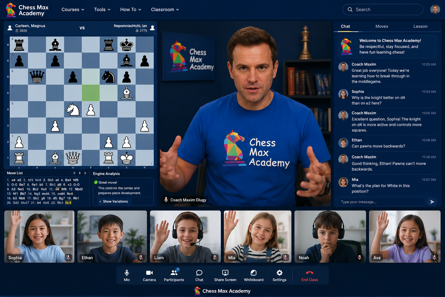 Interactive Chess Max Academy online chess class featuring Coach Maxim Dlugy teaching students through a live virtual classroom with a digital chessboard and real-time discussion.