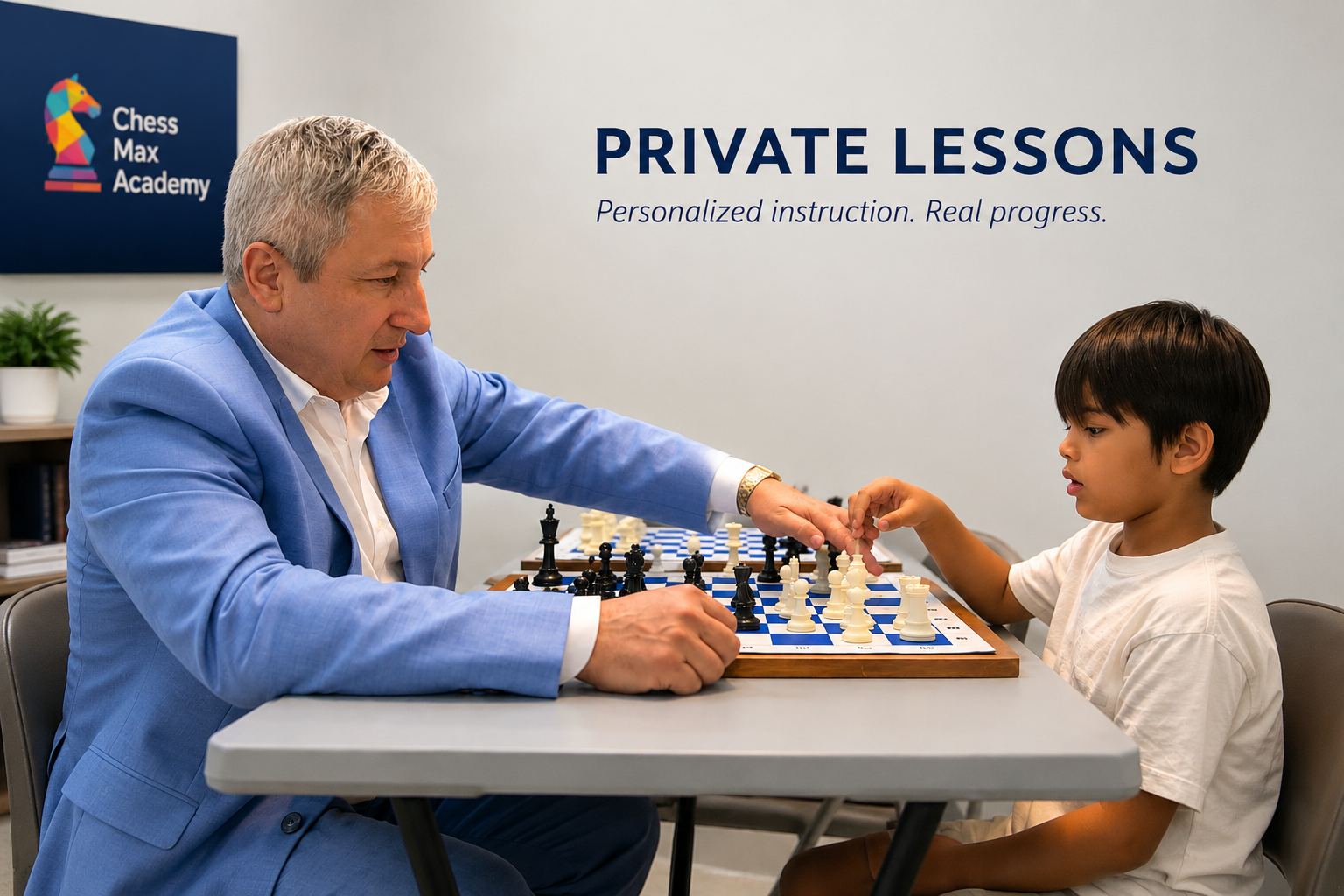 Grandmaster Maxim Dlugy teaching a private chess lesson to a young student at Chess Max Academy.